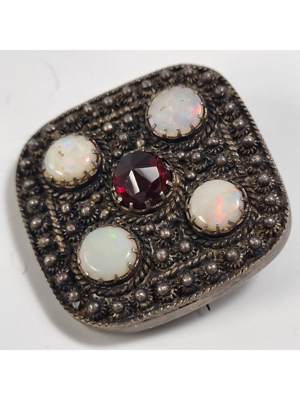 Antique Genuine Opal Brooch pin red Stone 800 silver unmarked C Clasp